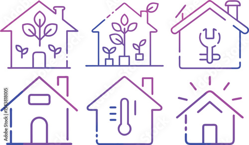 A versatile set of home icons in vector style, including various house shapes, real estate symbols, and residential elements.
