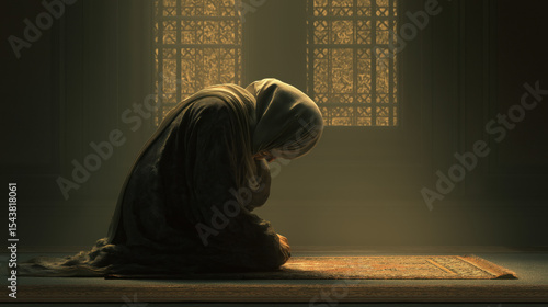 A Muslim woman is praying while kneeling on a prayer mat in a dimly lit traditional mosque.