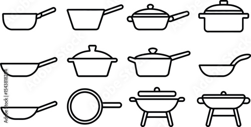 A collection of line art illustrations depicting various types of cookware set