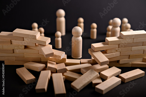 Fotografija Wooden figures gather around scattered blocks, depicting a moment of disruption