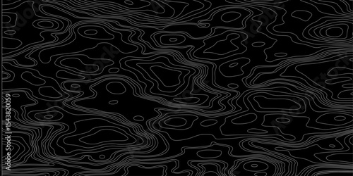Abstract black and white topographic map illustration in vector style, showing contour lines, curves, and mountain ranges. Seamless pattern inspired by physical geography and terrain relief.