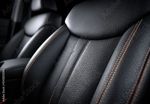 Close-up of luxurious black leather car seats with contrasting orange stitching, showcasing texture and detail