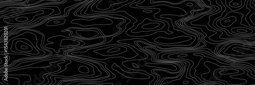 Abstract black and white topographic map illustration in vector style, showing contour lines, curves, and mountain ranges. Seamless pattern inspired by physical geography and terrain relief.