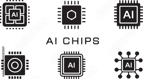 AI Chips Icon Set – Artificial Intelligence Microchip Silhouette Vector Collection