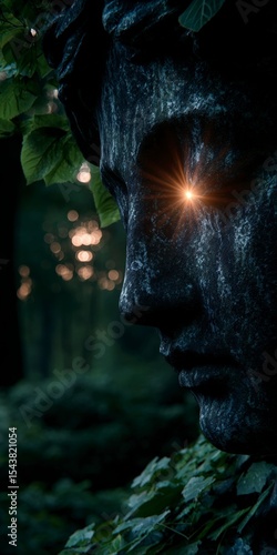 Serene Stone Face  Glowing Eye  Forest  Memorial  Remembrance