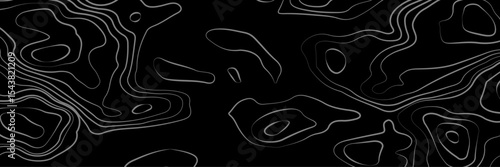 Abstract black and white topographic map illustration in vector style, showing contour lines, curves, and mountain ranges. Seamless pattern inspired by physical geography and terrain relief.