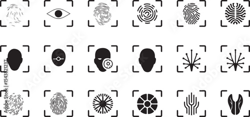 Biometric Scan Icon Set – Fingerprint & Facial Recognition Silhouette Vector Collection