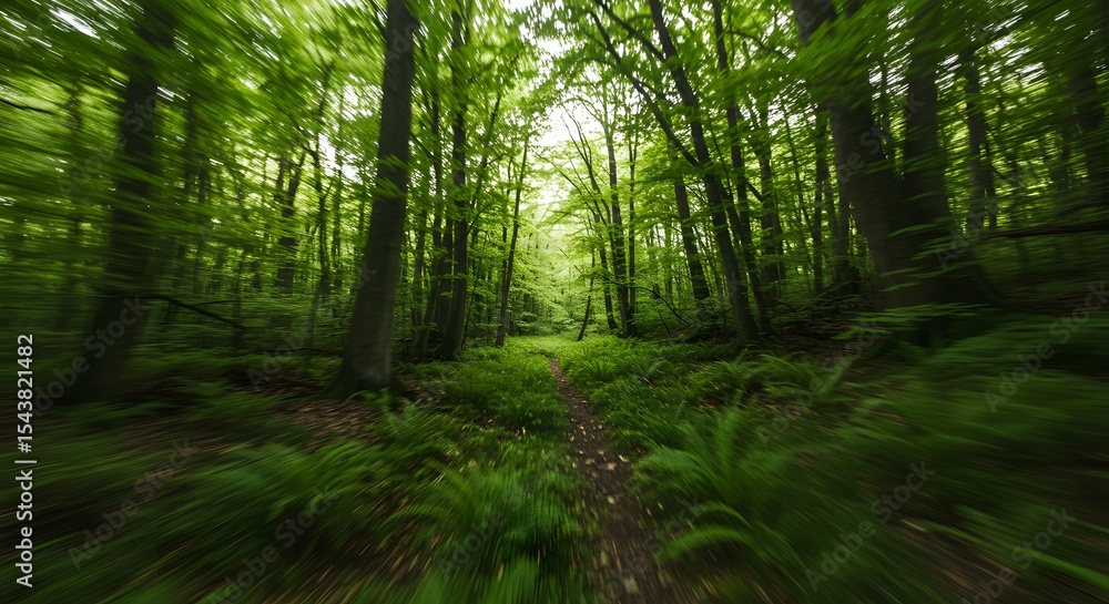 Obraz premium Motion-blurred forest trail with lush greenery