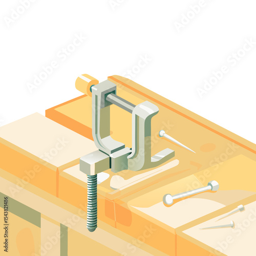 Icon of vise on workbench with screws in functional design 