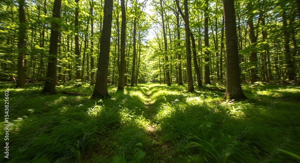 Fototapeta premium Forest floor with tall trees and fern carpet