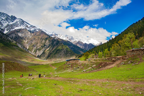 Scenic View of Thajiwas Glacier Hiking Trail in Sonamarg, Kashmir with Tourists, Stone Huts, Green Valley, and Snow-Capped Himalayas