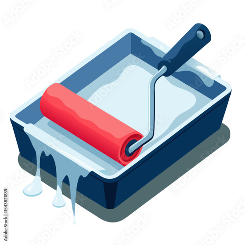 Icon of paint roller with tray and fresh paint for home improvement projects 