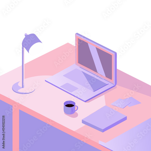 Isometric design icon of a stylish desk with a laptop, lamp, and coffee cup 