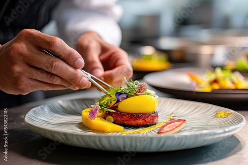 A stylish mango-focused gourmet dish being arranged by a chef in a high-end restaurant kitchen, artistic composition