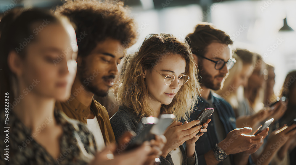 Obraz premium Crowd group of many young people looking at their smartphones, generation z technology addiction social media internet scrolling.
