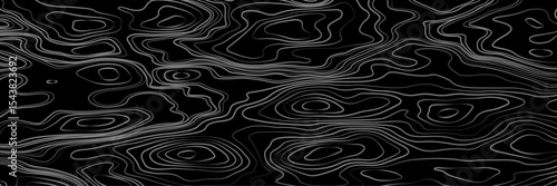 Abstract black and white topographic map illustration in vector style, showing contour lines, curves, and mountain ranges. Seamless pattern inspired by physical geography and terrain relief.