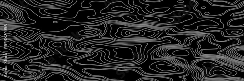 Abstract black and white topographic map illustration in vector style, showing contour lines, curves, and mountain ranges. Seamless pattern inspired by physical geography and terrain relief.