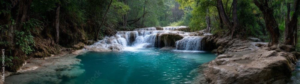 Fototapeta premium Serene waterfall scene nature oasis hdr 360 degree panoramic view
