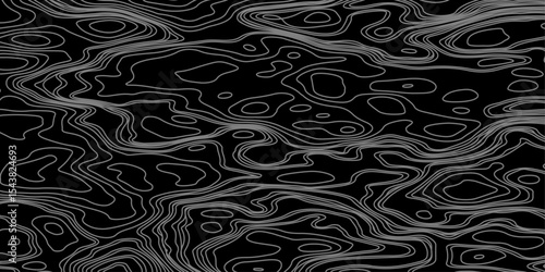 Abstract black and white topographic map illustration in vector style, showing contour lines, curves, and mountain ranges. Seamless pattern inspired by physical geography and terrain relief.