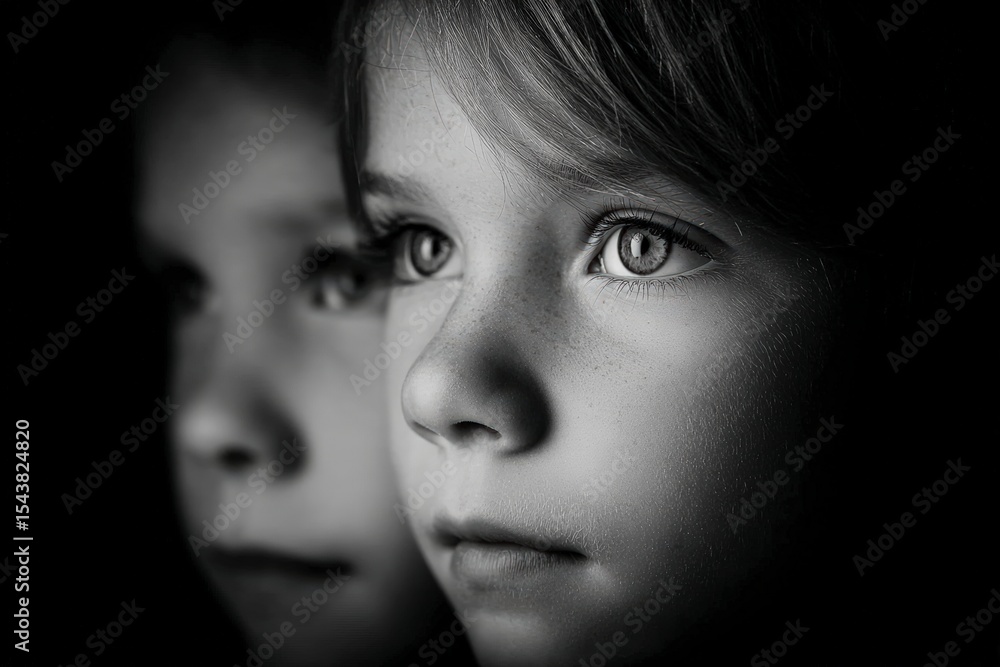 Children Stargazing Dramatic Black White Portrait Children Stargazing Dramatic Black White Portrait