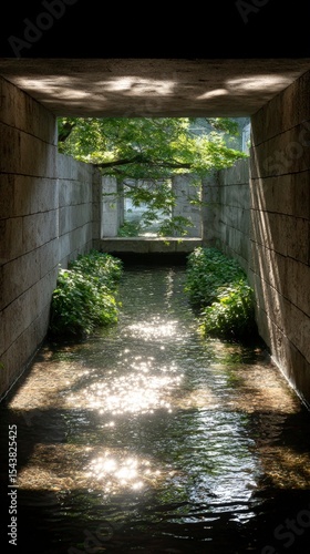 Serene Stone Canal  Sunlight on Water  Greenery  Architecture