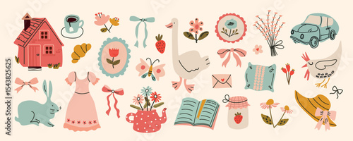 Cottagecore vector set with cute flat elements. Hand drawn flowers, bows, barn, goose, chicken, butterfly, dress, book. Spring and summer country lifestyle. Farm, garden, nature theme.