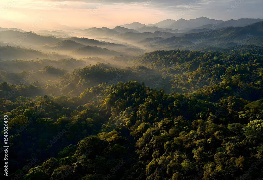 Fototapeta premium Aerial View of Majestic Mountain Jungle at Sunrise with Morning Mist