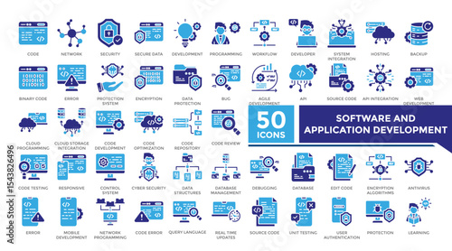 Software and application development icon solid two color set collection. This set includes This set includes coding, secure data, programming, algorithm and more icons and more icons in solid style