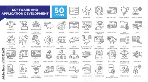 Software and application development lineal icon set collection. This set includes coding, secure data, programming, algorithm and more icons in lineal style. Vector icons collection for infographics