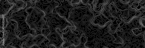 Abstract black and white topographic map illustration in vector style, showing contour lines, curves, and mountain ranges. Seamless pattern inspired by physical geography and terrain relief.