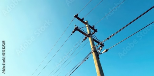 Tall utility pole with numerous electrical wires extending outwards , energy, communication lines, telephone lines