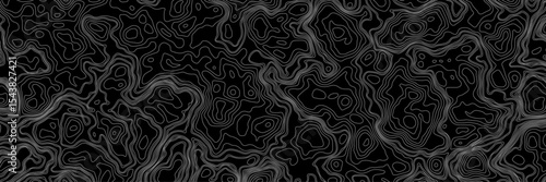 Abstract black and white topographic map illustration in vector style, showing contour lines, curves, and mountain ranges. Seamless pattern inspired by physical geography and terrain relief.