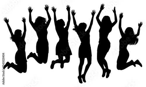 Silhouette of women jumping with arms raised up high