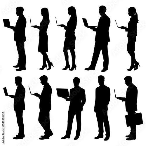 Silhouettes of people using laptops and briefcase