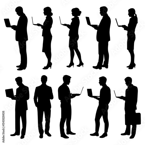 Silhouettes of people using laptops and briefcase