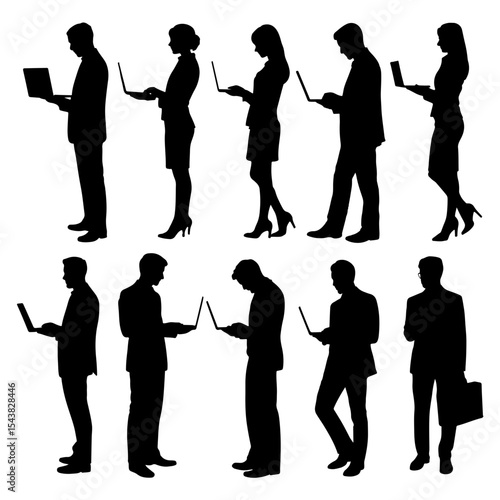 Silhouettes of people using laptops standing up