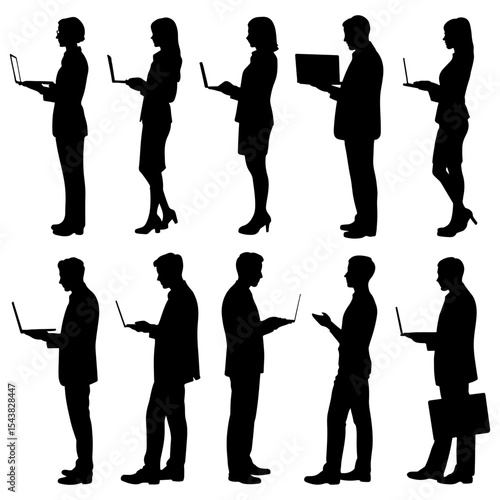 Silhouettes of people using laptops and briefcase