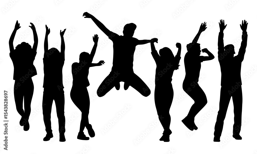 Fototapeta premium Silhouette of people jumping and raising their arms