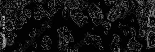 Abstract black and white topographic map illustration in vector style, showing contour lines, curves, and mountain ranges. Seamless pattern inspired by physical geography and terrain relief.
