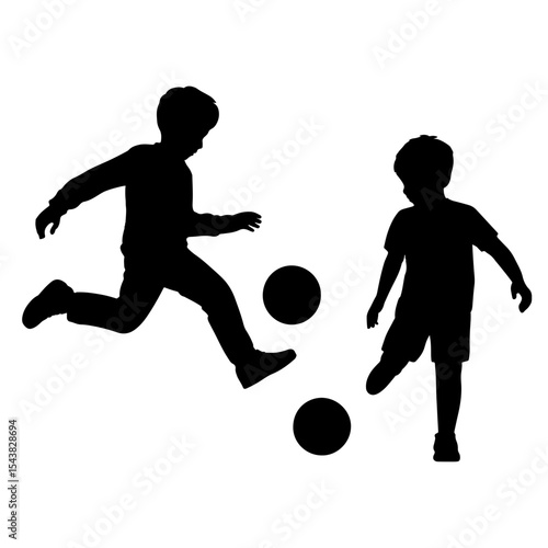 Silhouette of two boys playing with soccer balls