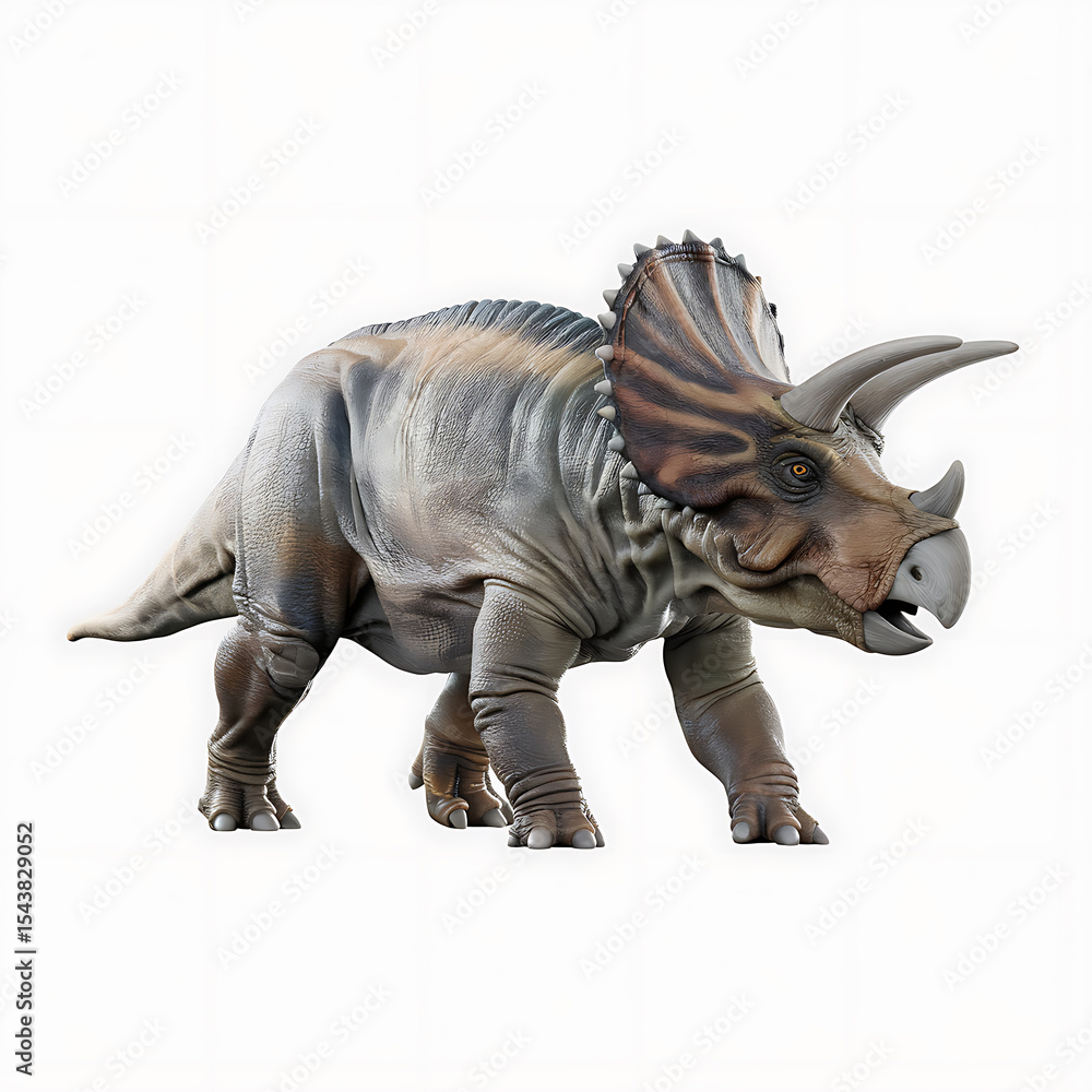 Fototapeta premium A triceratops standing on a white background in a studio shot with good lighting