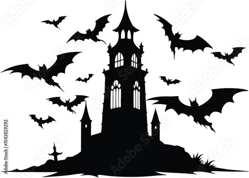 Flying bats silhouette, gothic tower scene, spooky Halloween vector, black and white illustration, on white background