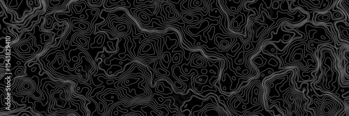 Abstract black and white topographic map illustration in vector style, showing contour lines, curves, and mountain ranges. Seamless pattern inspired by physical geography and terrain relief.