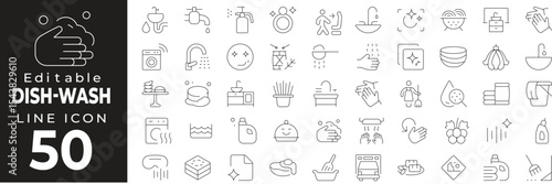 Dish wash set of web icons in line style. Dishwashing linear icon collection. Containing sponge, detergent, sink, plates, kitchen cleaning, foam, hygiene and more. Editable stroke