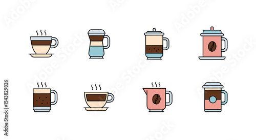 Collection of coffee drinks in mugs vector illustration including latte cappuccino espresso and more types of coffee