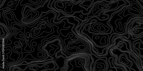 Abstract black and white topographic map illustration in vector style, showing contour lines, curves, and mountain ranges. Seamless pattern inspired by physical geography and terrain relief.