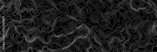 Abstract black and white topographic map illustration in vector style, showing contour lines, curves, and mountain ranges. Seamless pattern inspired by physical geography and terrain relief.