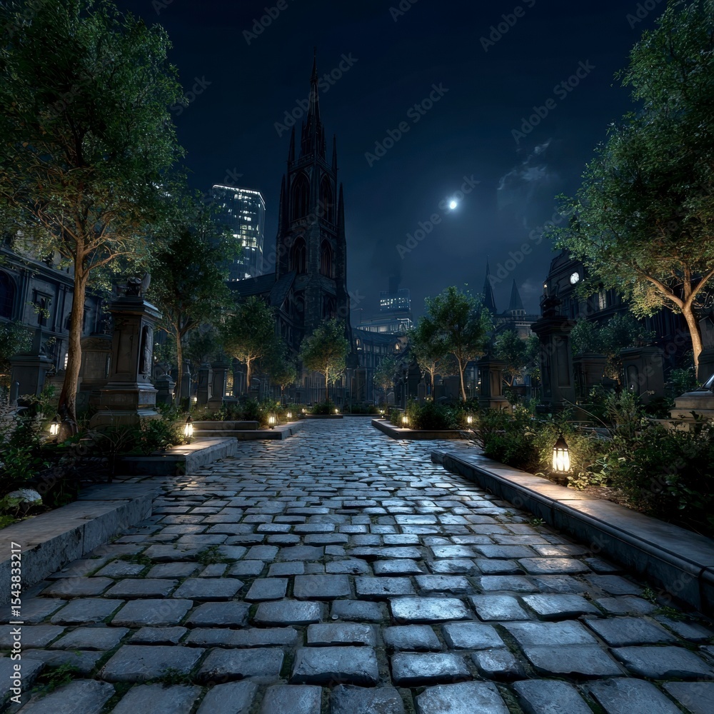 Fototapeta premium Night Cemetery Cobblestone Path Gothic Church Moonlit Cityscape