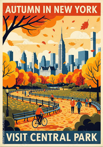 Autumn in New York, Central Park. lIllustration for travel postcard, wallpaper, posters, banners, advertising, nature landscape background