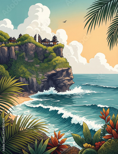 Bali Uluwatu cliff temple. lIllustration for travel postcard, wallpaper, posters, banners, advertising, nature landscape background